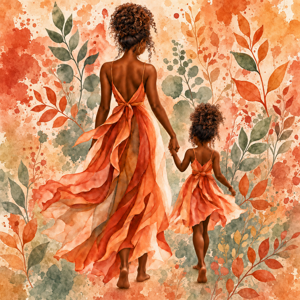 Mother & Child Watercolor Canvas — Coral Bloom, full-bleed watercolor artwork