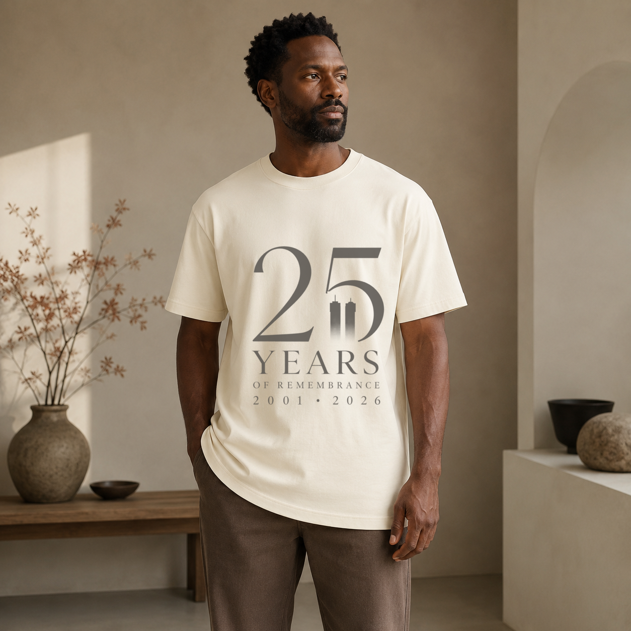 A man wearing an ivory-colored oversized t-shirt with a dark gray graphic that reads '25 YEARS OF REMEMBRANCE 2001-2026'. The setting is a warm, minimalist interior with beige walls, a wooden bench, and neutral ceramic vases.